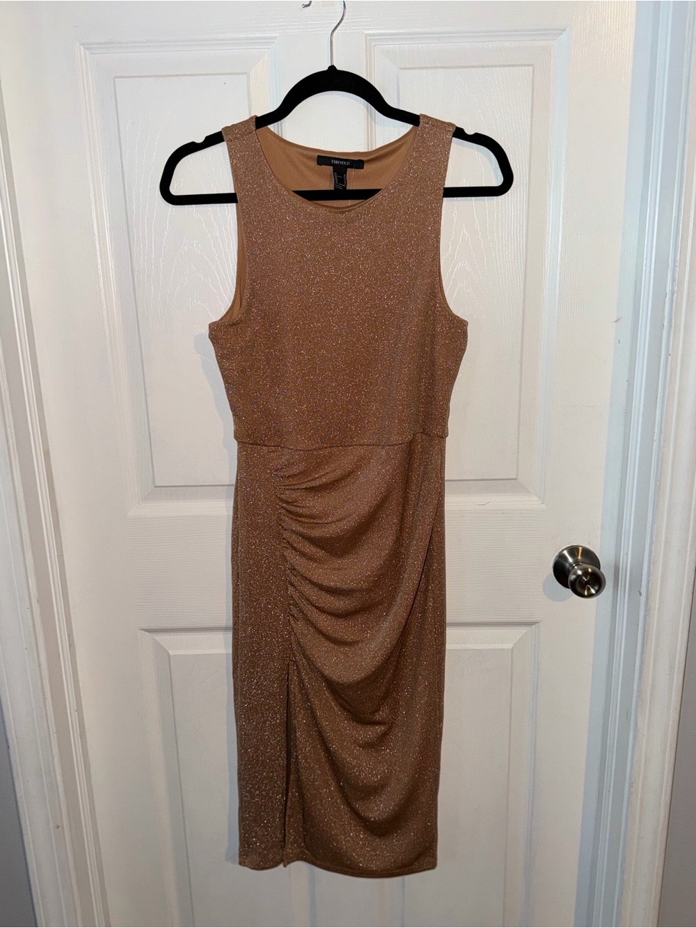 Forever 21 Metallic Tan Sleeveless Ruched Sheath Dress